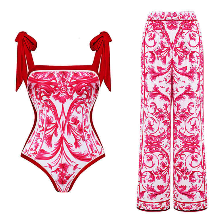 New double-sided European and American one-piece women's conservative vacation swimsuit chiffon printed wrapped skirt set 2025 new casual versati
