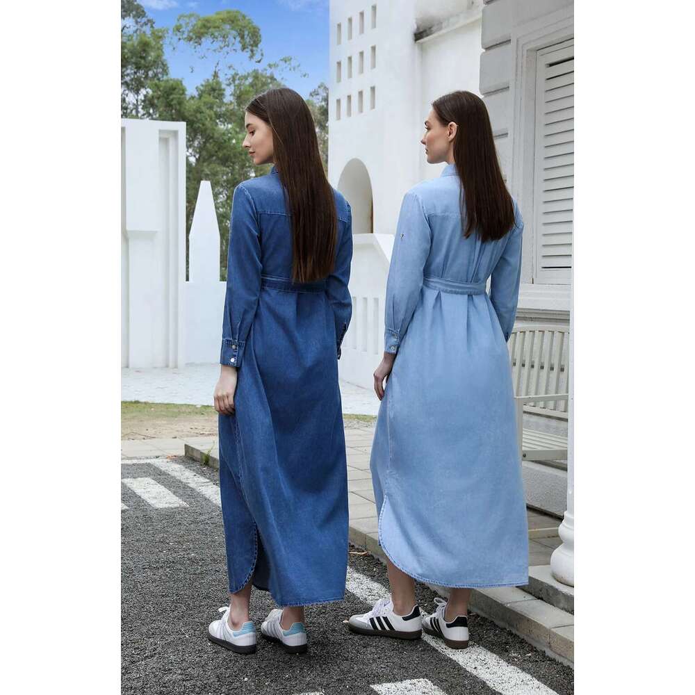 AP Ss25 Women Collar Denim Dress Blouse Style Casual Cotton With A Removable Belt