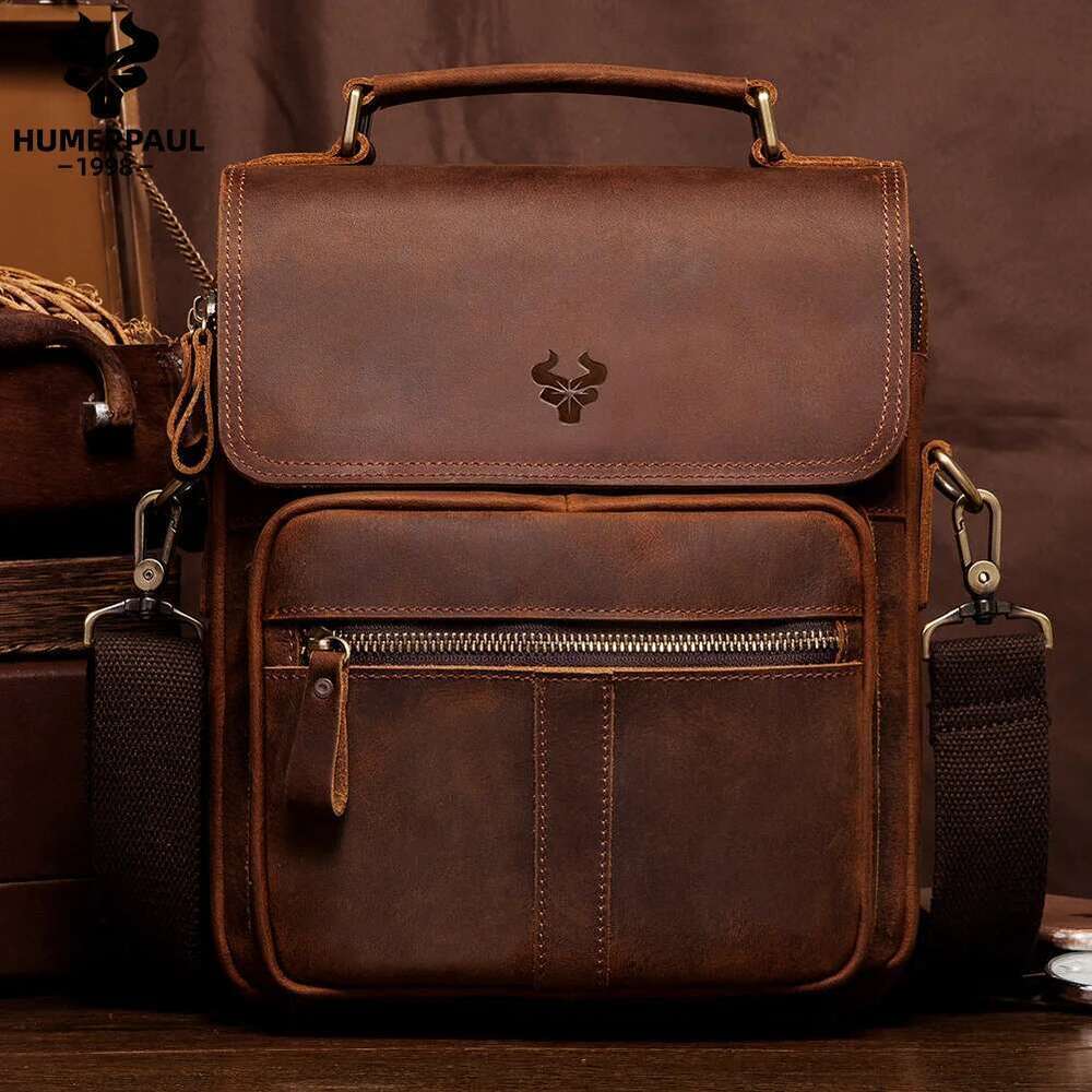 HUMERPAUL Full Grain Leather Shoulder Retro Business Crossbody For Work Large Capacity Male Messenger Travel Bag