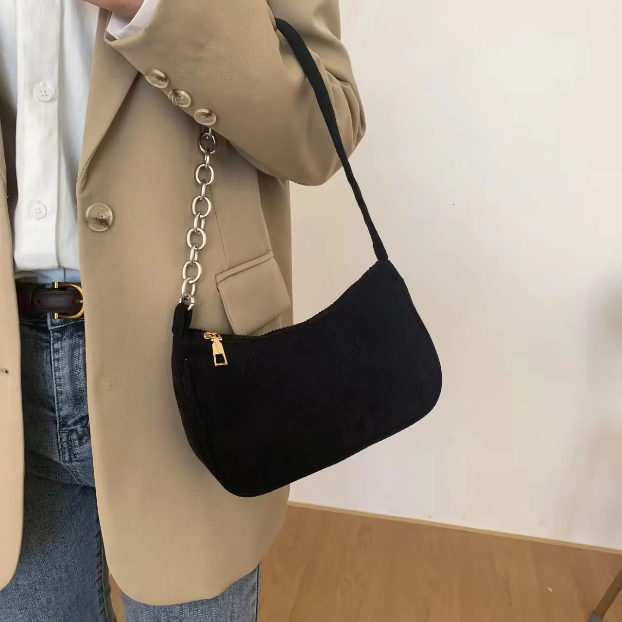 Fashion Vintage Women Handbags Corduroy Underarm Bag Casual Shoulder Bags Solid Color Zipper Female Handbag 250514