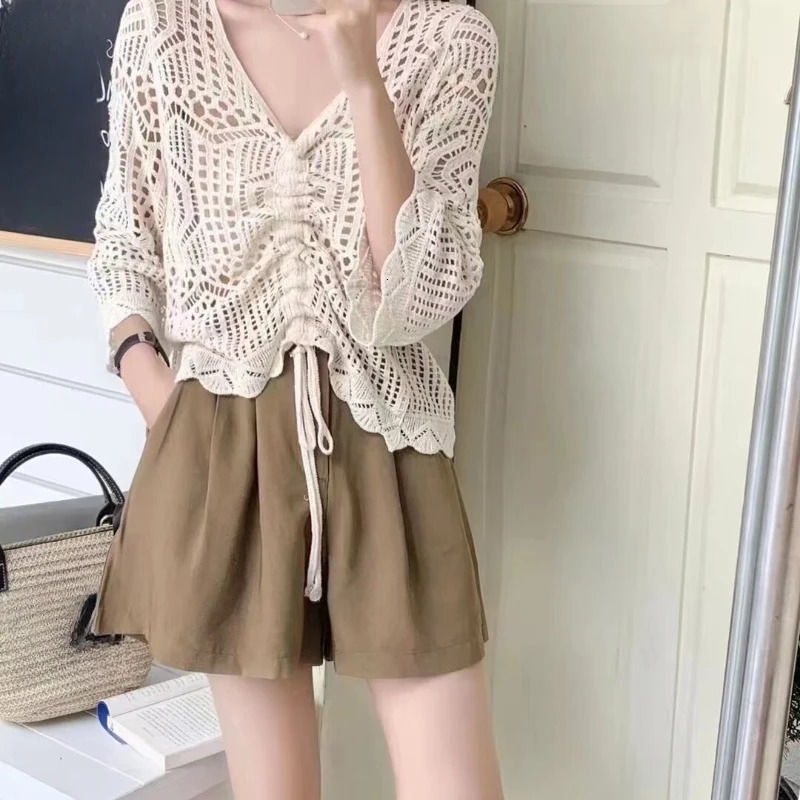 REALEFT Summer Bohemian Lace Crochet Womens Blouses Laceup Half Sleeve Vneck Hollow Out Shirts Tops for 250514