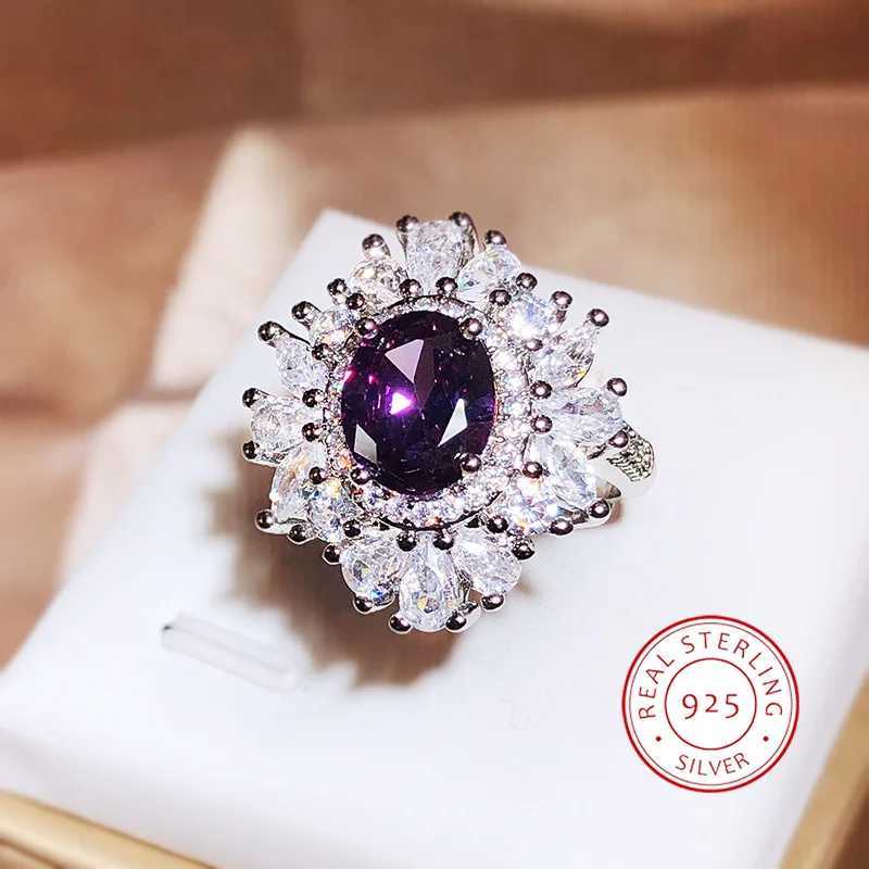 925 Silver New Model Amethyst Opening Ring Female Bling Long Pillow She Deep Purple Zircon Full Diamond Ring Bridal GiftXJ250514