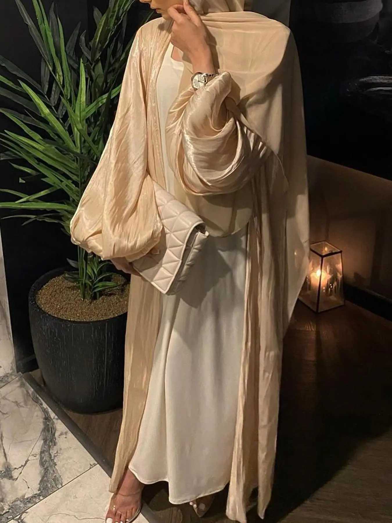 Chic Glitter Muslim Kimono Abaya Puff Slve Retro Ethnic Cardigan Robe Dubai Middle Eastern Saudi Arabia Eid Clothes Outwear X250514