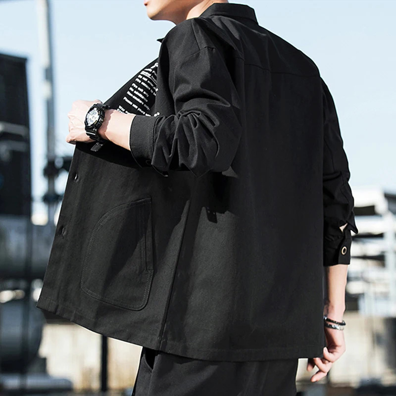 Autumn highquality washed cotton shirt mens long sleeved lapel cargo clothing Korean streetwear retro 250506Z
