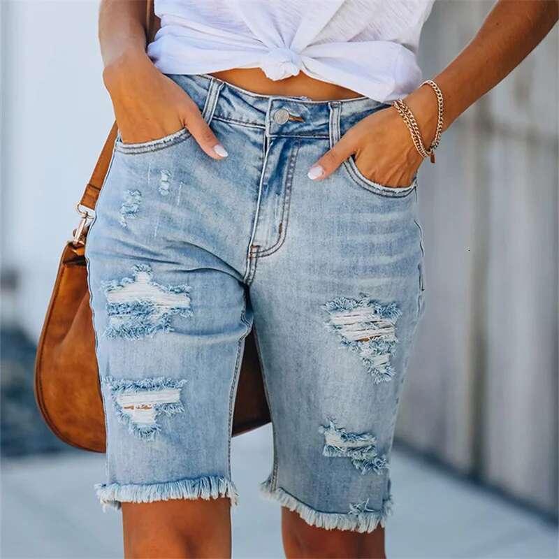 New Cycling Denim Women Fashion Ripped Tassel Tight Five-Point Shorts Washed Sexy Female Summer Thin Short Jeans