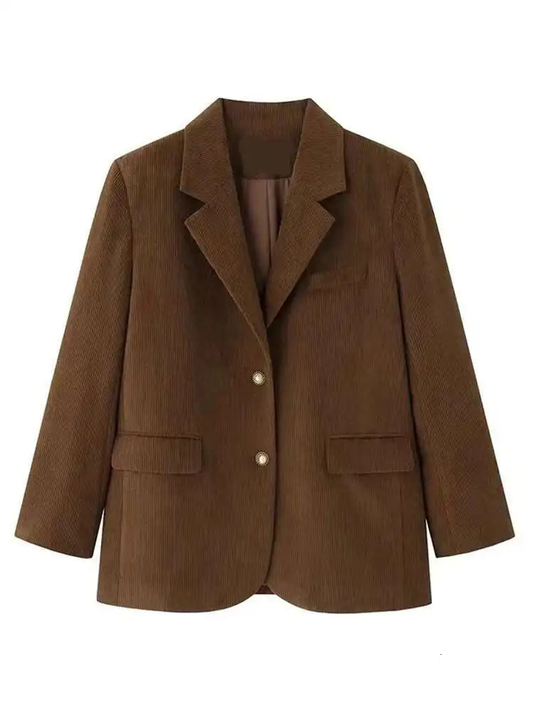 LANMREM Vintage Corduroy Womens Blazer Notched Collar Single Breasted Solid Color Loose Coat Fashion 2025 Spring 2AA4910 250513