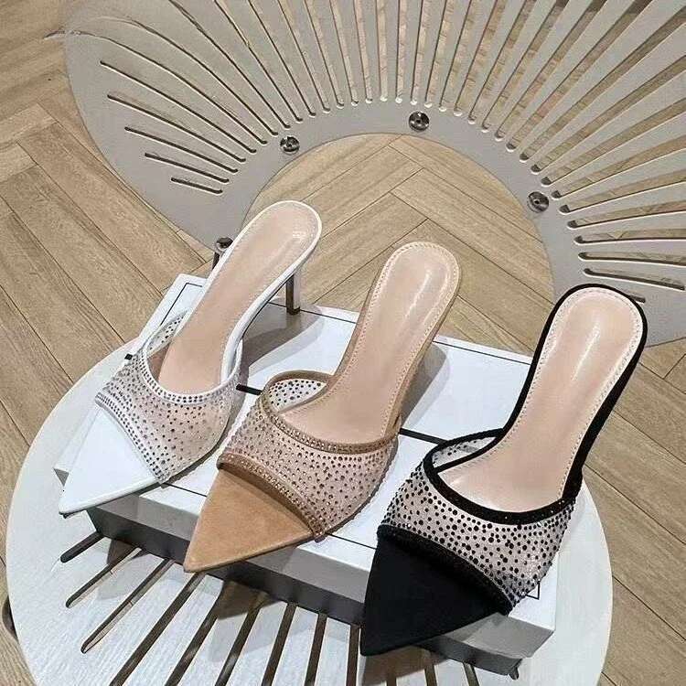 Fashionable stiletto rhinestone slippers pointed open toe slip-on high heel sandals
