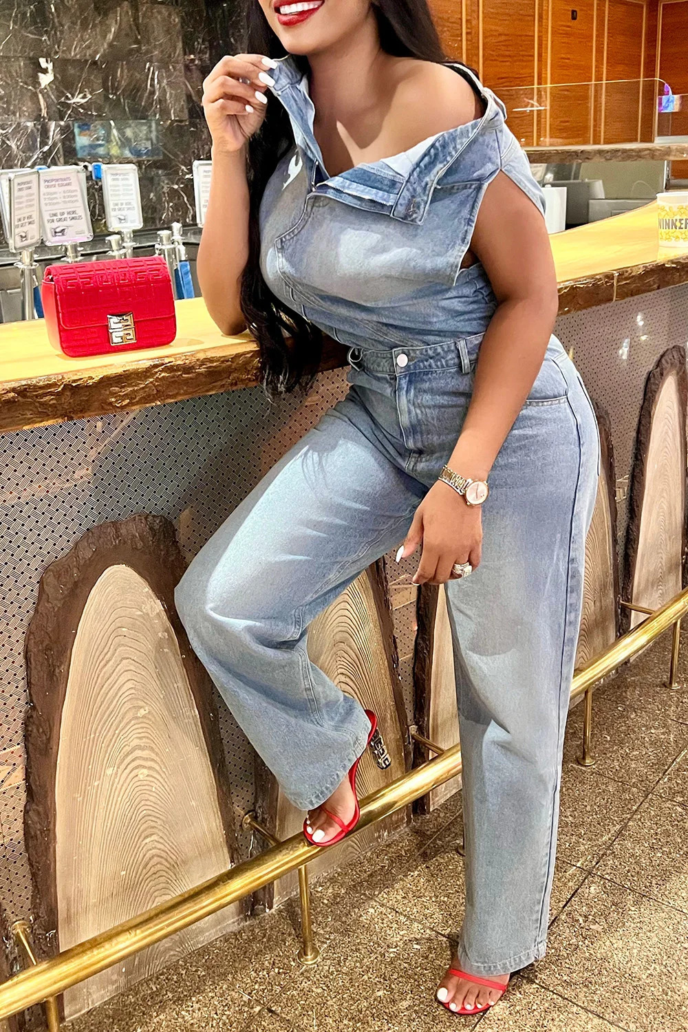 Large Blue Daily Denim Asymmetric Sleeveless Two Piece Pants 250506