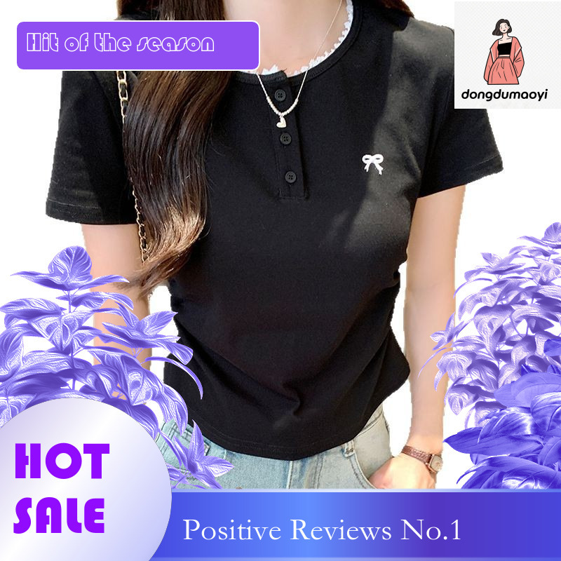 dongdumaoyi Grey lace shoulder sleeved T-shirt for women's summer 2025 new style pleated waistband bow short top