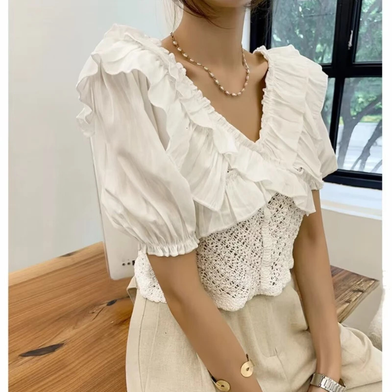 REALEFT Spring Summer Hollow Out Lace Crochet Womens Blouses Short Sleeve Ruffles Vneck Casual Shirts Top for 250514
