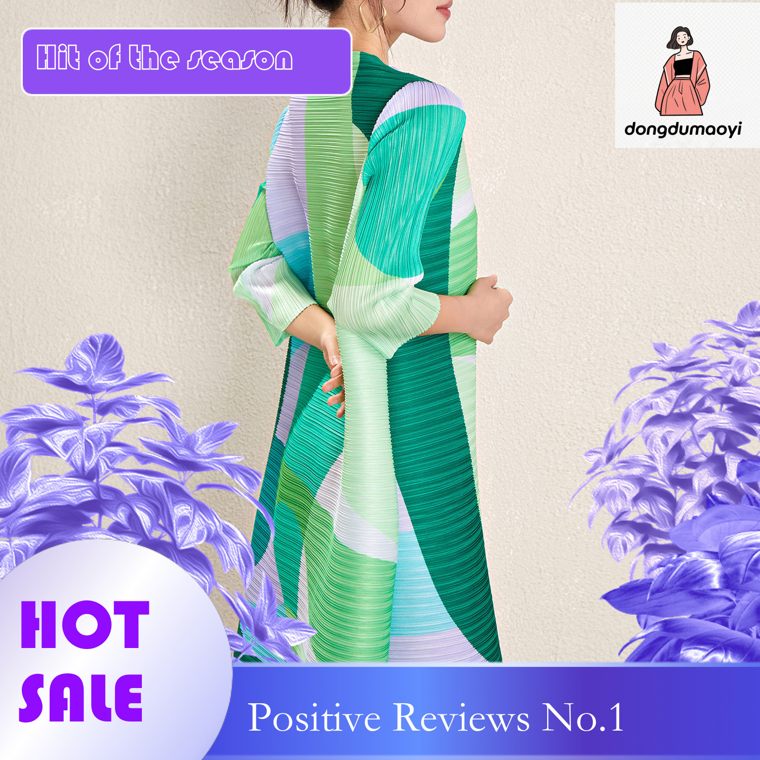 dongdumaoyi Women s Miyake style new pleated dress with high end print waist cinching and tie up slimming mid length skirt