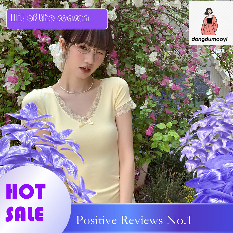 dongdumaoyi Lace patchwork sleeved T-shirt for women in summer 2025, new V-neck bow design, niche tight fitting short top