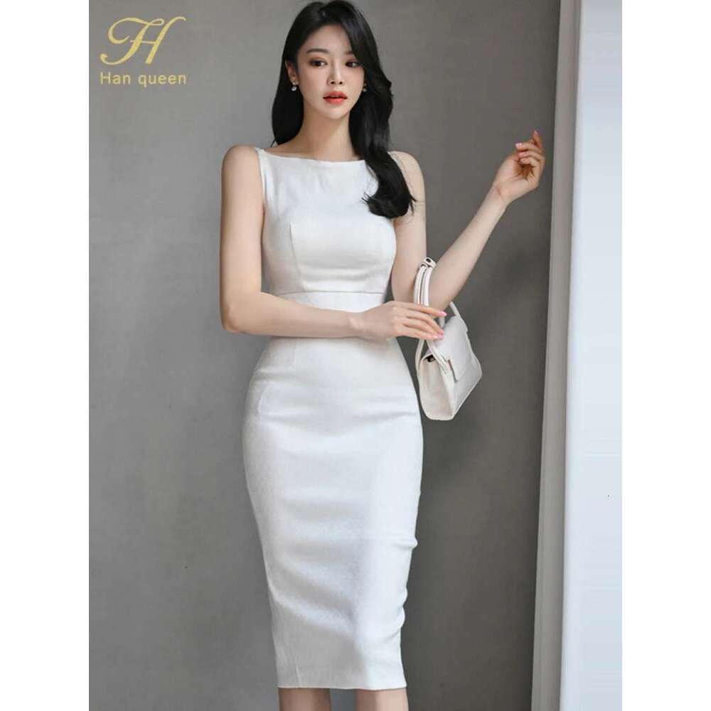 H Han Queen New Woman Clothing Slim White Sheath Pencil Summer Dress Office Party Elegant Dresses For Women Fashion Vestido