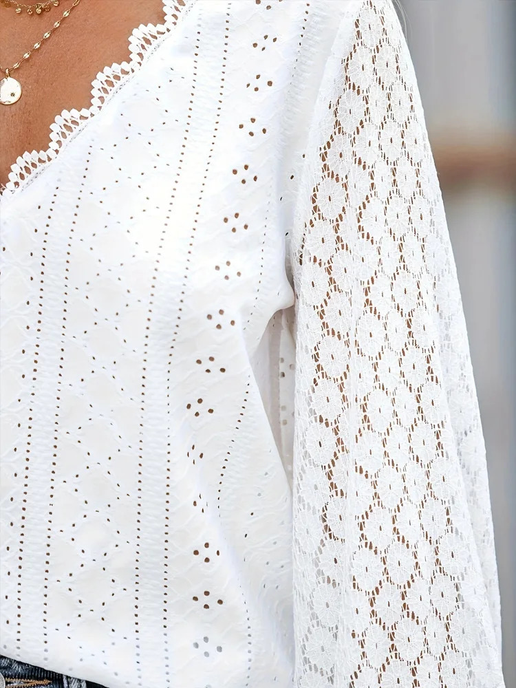 Fashion Long Sleeve Lace Splicing Women Blouses Casual Loose V Neck White Womens Shirts Elegant Summer Woman Tops 250514