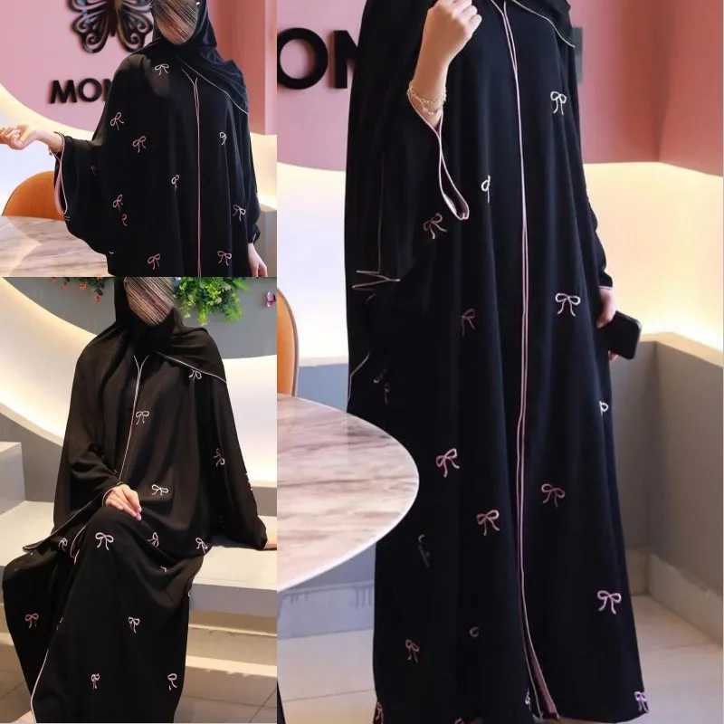 Arab Women Front Open Cardigan Scarf Burqa Islamic Bow Embroidery Robe Abaya Muslim Robe Ladies Loose Kaftan Clothing X250514