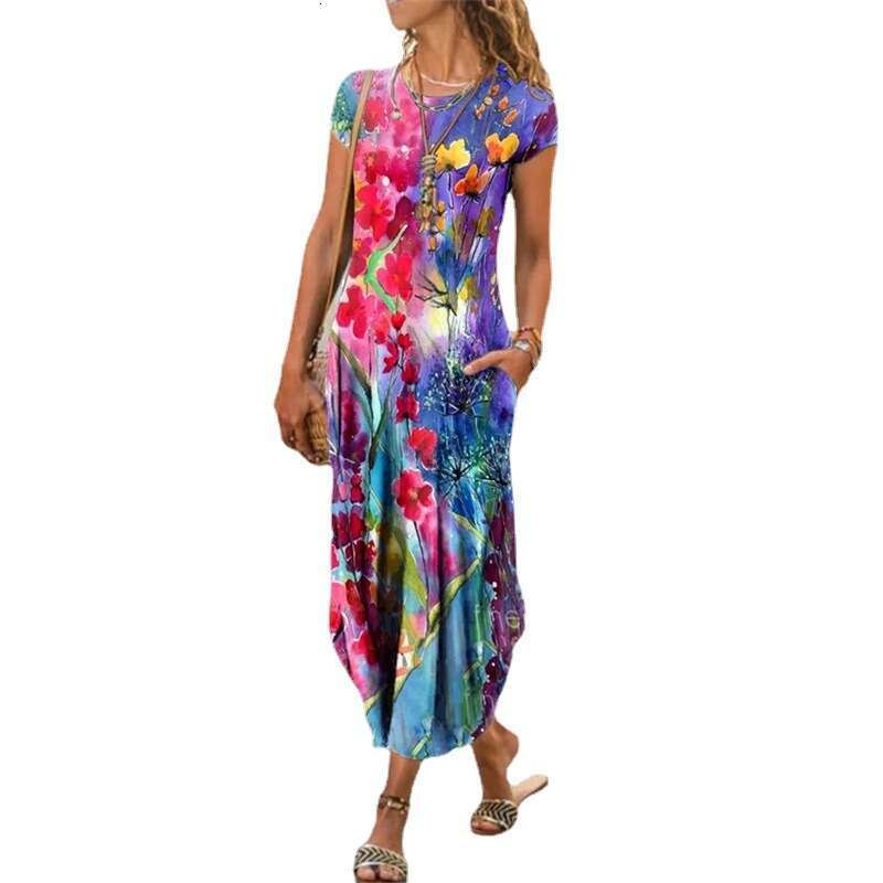 Women Clothes Dress New Women S Round Neck Pocket Short Sleeve Fashion Print Dress KQ
