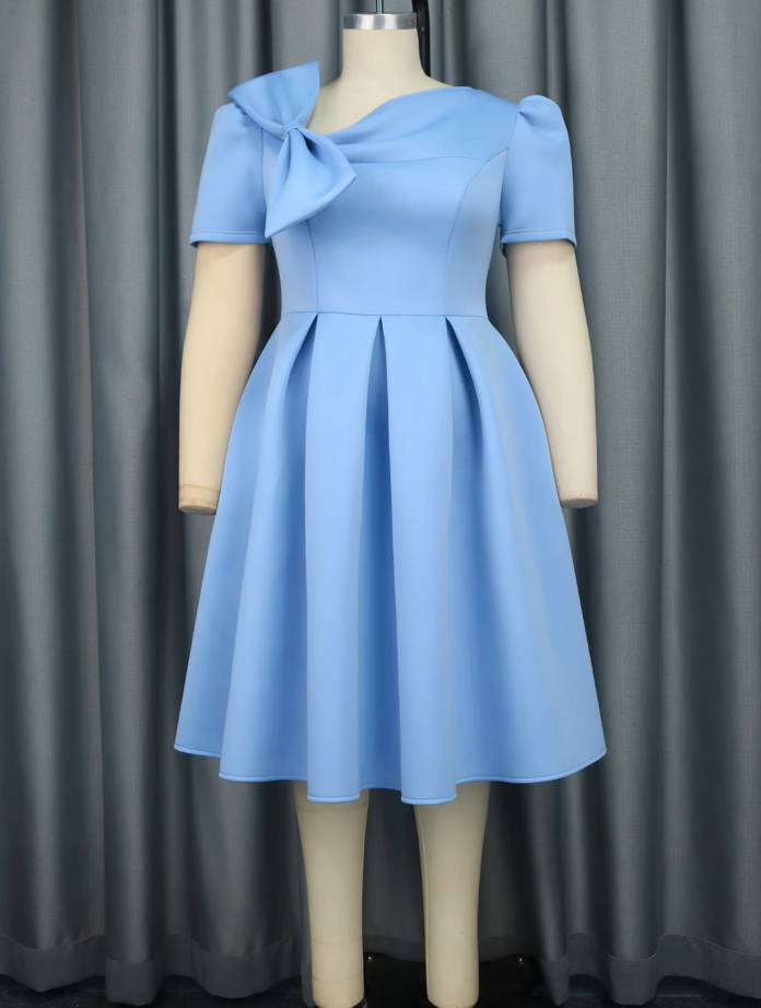 Cute Plus Size Dress Lady Prom Blue Birthday Bowtie Pleated Short Sleeve Puffy Midi Length AM030908