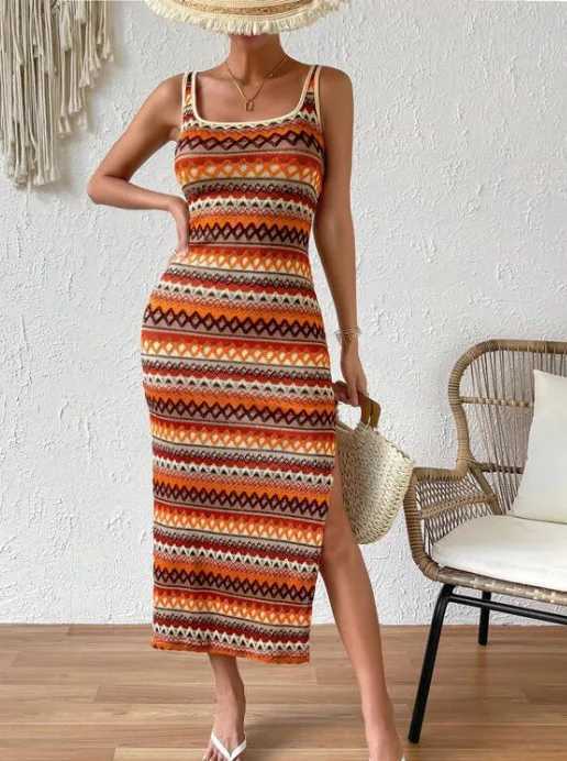 2024 Summer New Womens Personalized Street Fashion Casual Printed Striped Sleeveless Square Neck DressXJ250514