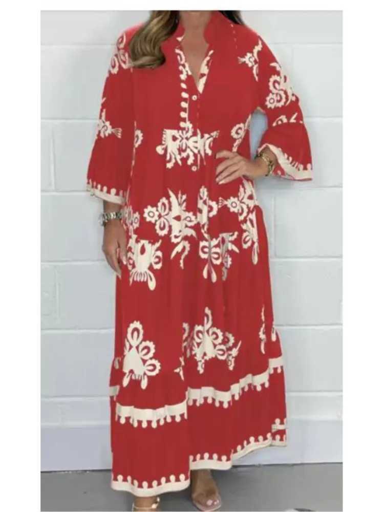 Womens Printed Loose Ethnic Retro Dress Spring Autumn V Neck Button A-Line Long Dress Summer 3/4 Sleeve Bohemian Maxi DressesXJ250514