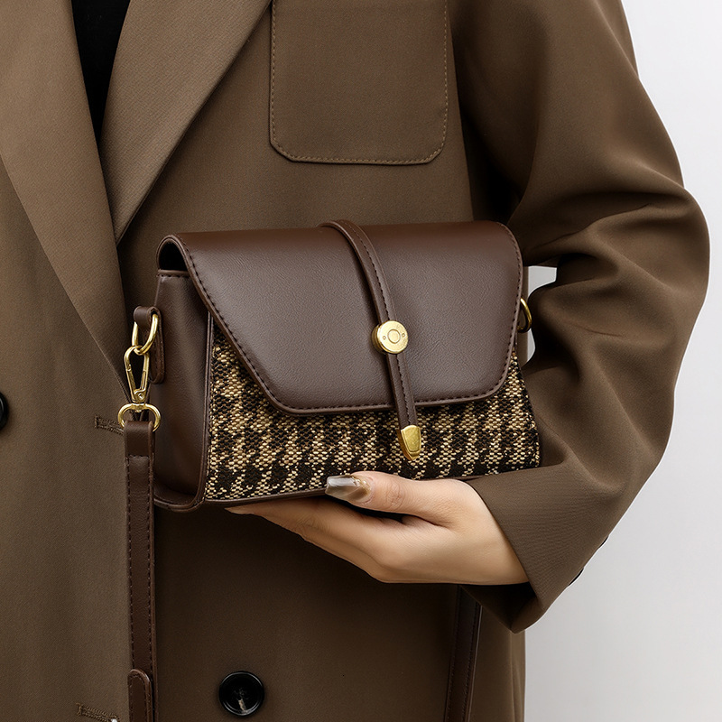 2025 New Bag 2025 Spring New Women's Canvas Splicing Designer Leather Small Square High Quality Thousand Bird Grid Underarm Single Shoulder Cross