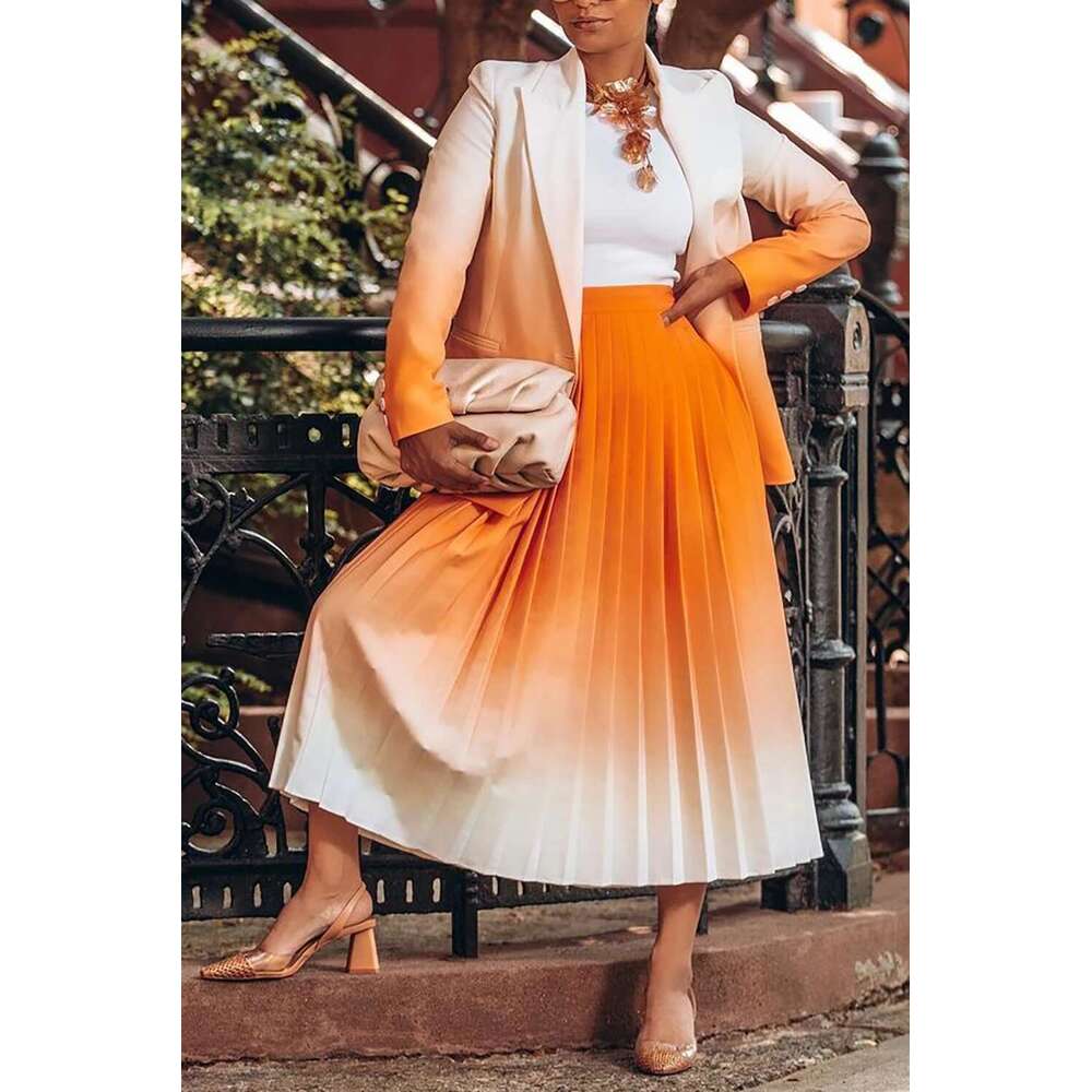 Plus Size Business Casual Orange Gradient Pleated Long Sleeve Blazer Suit Two Piece Skirt Set
