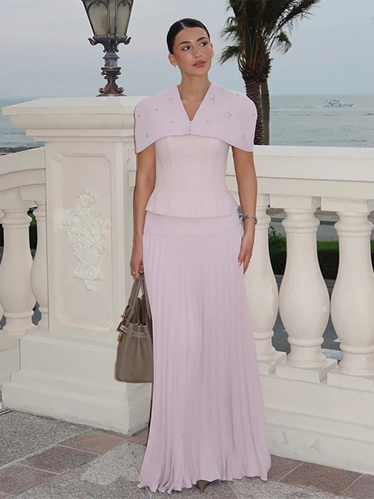 Elegant Shawl Slim Top Pleated Skirt Set Lady Retro Purple Sleeveless Tube High Waist Long Skirts Sets Women Summer Chic Evening 250514