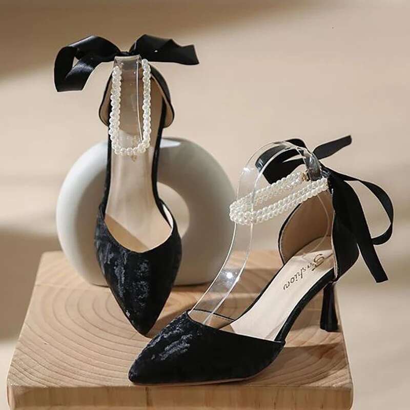 Spring/Summer New Small Fragrant Wind Pointed Pearl Versatile Thin High Heels Hollow Women'S Single Shoes