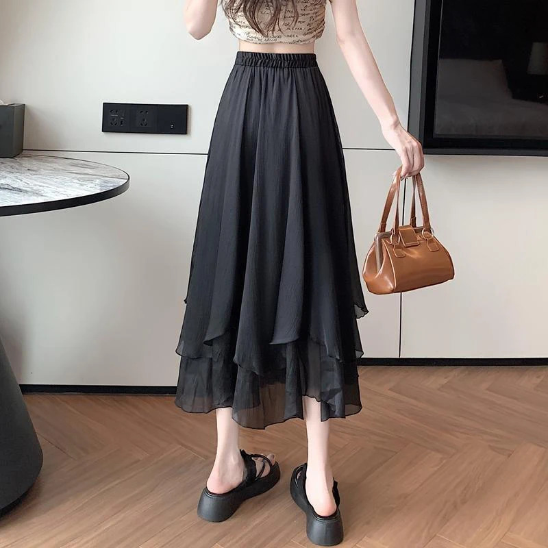 GIDYQ Summer Women Mesh Skirt Fashion Korean High Waist Loose Midi Y2K Elegant Female Casual All Match A Line Skirts 250514
