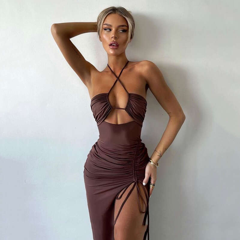Women Clothes Dress INS Spring New Sexy Spicy Girl High Split Wrinkle Hanging Neck Style Elegant Chest Show Long Dress KQ