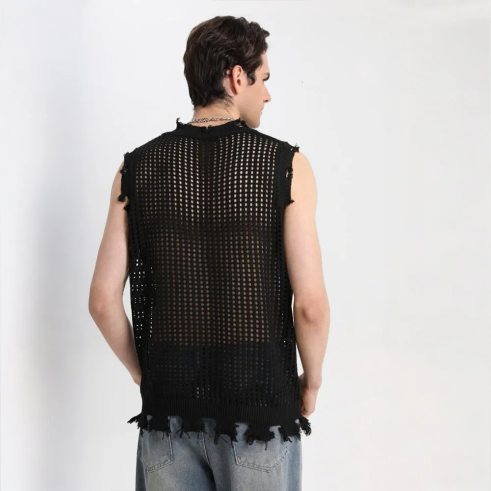 Slavinson Mens Knitted Tank Top Summer Solid Color Star Pattern Mesh Casual Sleeveless Breathable Wool Soft US Size 250506