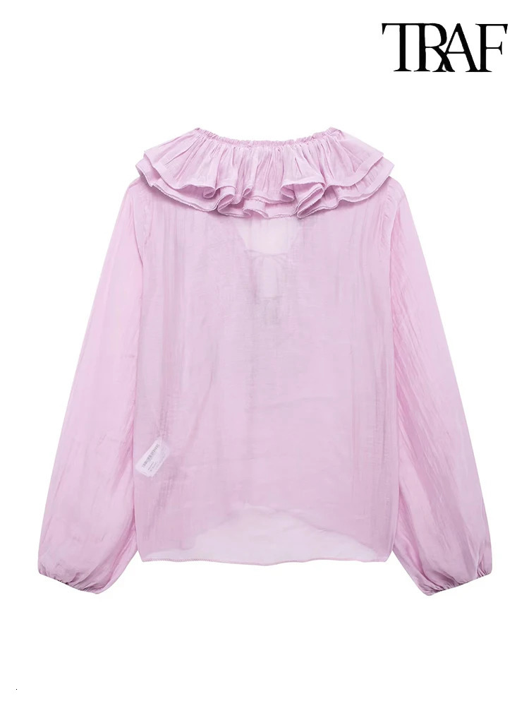 TRAF Womens Fashion Elegant and chic solid color Vneck cascading ruffled decorative tie longsleeved casual shirt Ladys wear 250514
