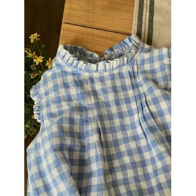 MEXZT Kawaii Plaid Shirts Women Japanese Preppy Cute Ruffles Patchwork Blouses Summer Korean Fashion Flying Sleeve Casual Tops 250514