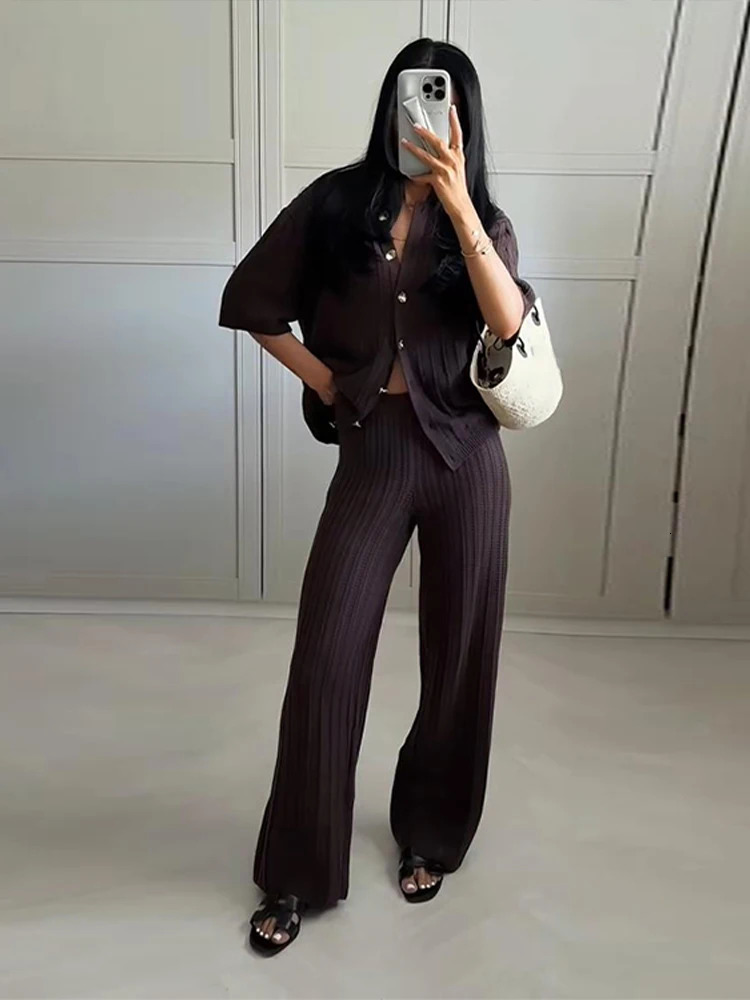 Brown Knit Pants Sets Women Hollow Out Lapel Half Sleeve Cardigan Wide Leg Trousers Suit 2025 Summer Lady Beach 2 Pieces Outfits 250513