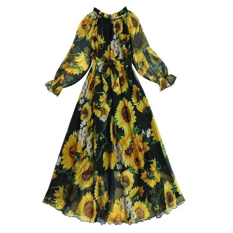2023 Boho Beach Sunflower Print Maxi Dress Fashion Women Long Dress Full Slve Party Holiday Muslim Travel Photo Vestidos Robe X250514