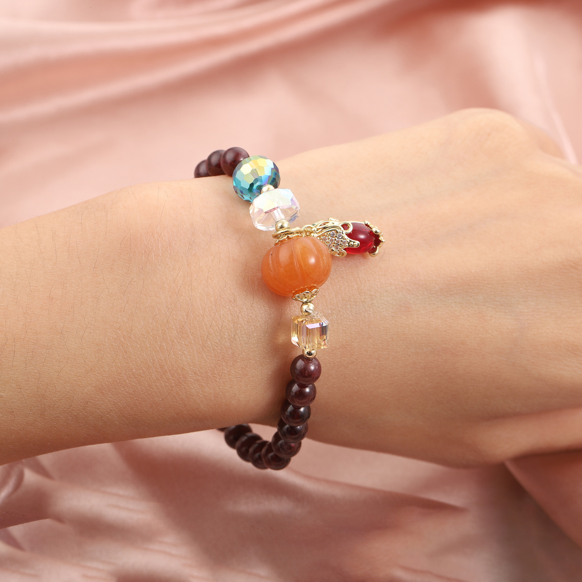 Straight Color Garnet Pumpkin Jade Marrow Women's Clear New Beaded Bracelet Cute Pixiu Crystal Pendant