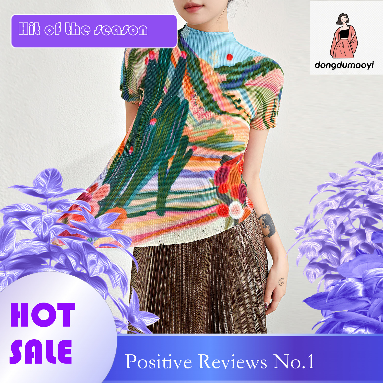 dongdumaoyi Miyake semi high neck short sleeved T-shirt for women in summer 2023 pleated new slim fit printed top