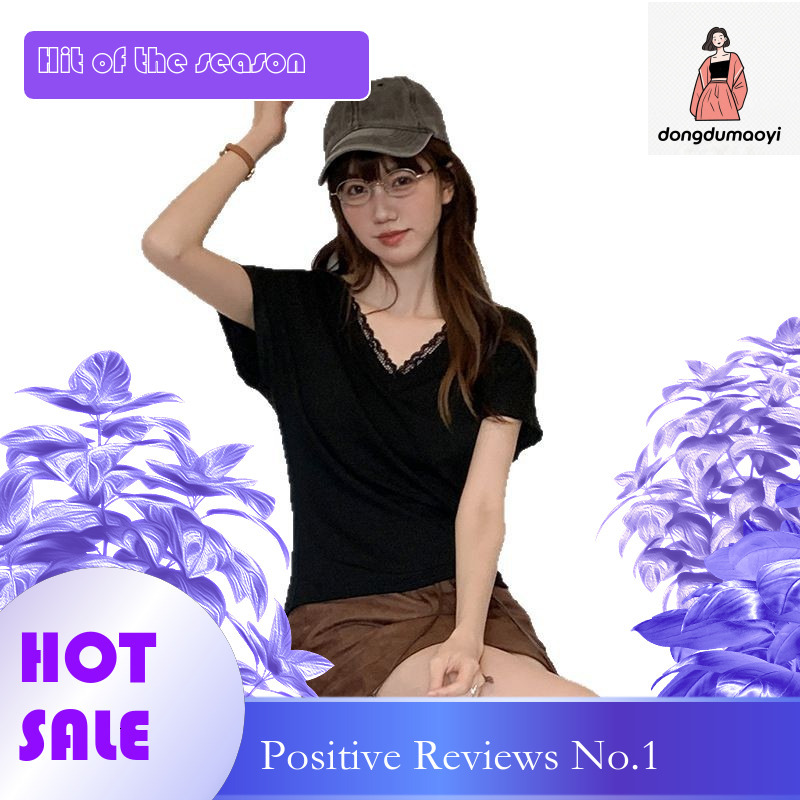 dongdumaoyi Lace patchwork V-neck short sleeved T-shirt for women in summer 2025, with a niche versatile design, loose and slimming top
