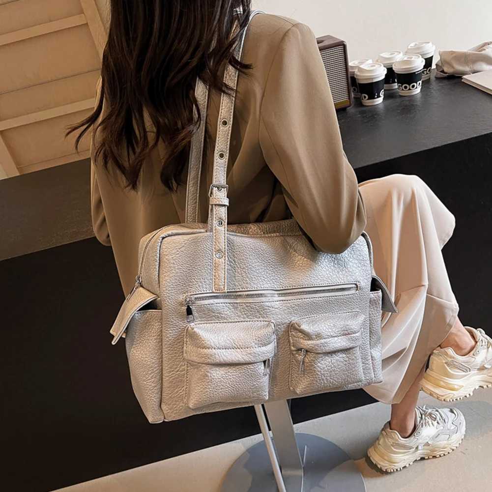 Wen PU Leather Shoder Bag w/ Mti-Pockets Underarm Bag Adjustable Strap Sahel Bag Solid Tote Bag for Work Travel Z250514