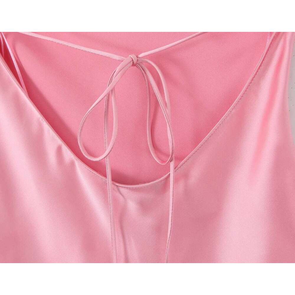 TRAFZA Women Elegant Satin Suspender Pink Backless Slim New 2025 Fashion Summer Holidays Dinner Date Sexy Dress