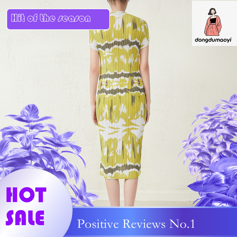 dongdumaoyi Miyake Summer New Style Cheongsam Long with Wrinkles High End Charm Grass Green Waist Collection Dress for Women