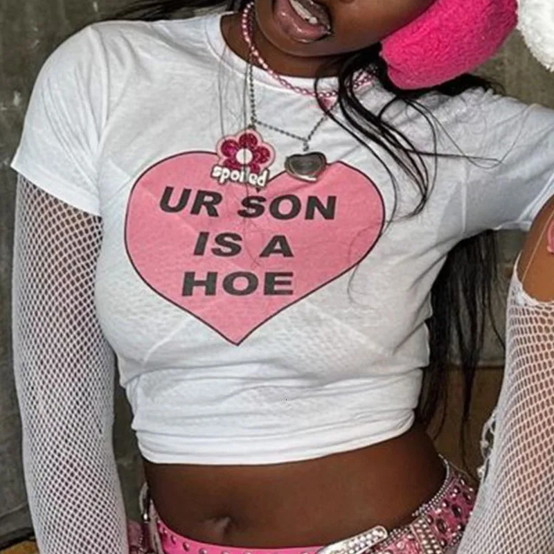 Y2K Style Letter HeartShaped Print Gothic Crop Tops ONeck Grunge HipHop Short Leeve Tshirts Women Clothes Fashion Woman 250514