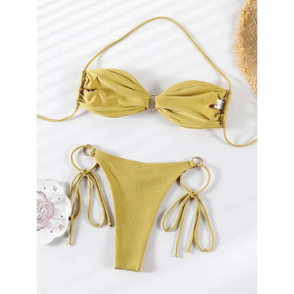 Solid Color Bikinis Swimwear Women Halter Bikini Set Shiny Swimsuit Push Up Bathing Suits Bandage Beachwear Thong