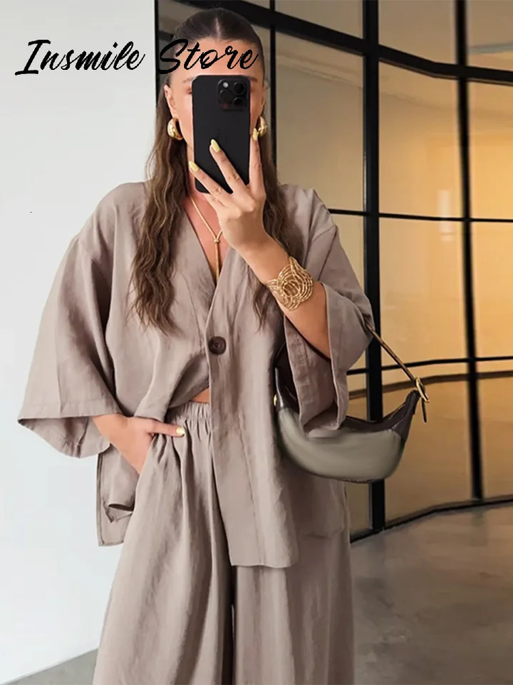Casual Solid Women Pants Suits V-neck Single Buttons Loose Top Wide Leg Trousers 2025 Spring Summer Fashion Female Sets 250513
