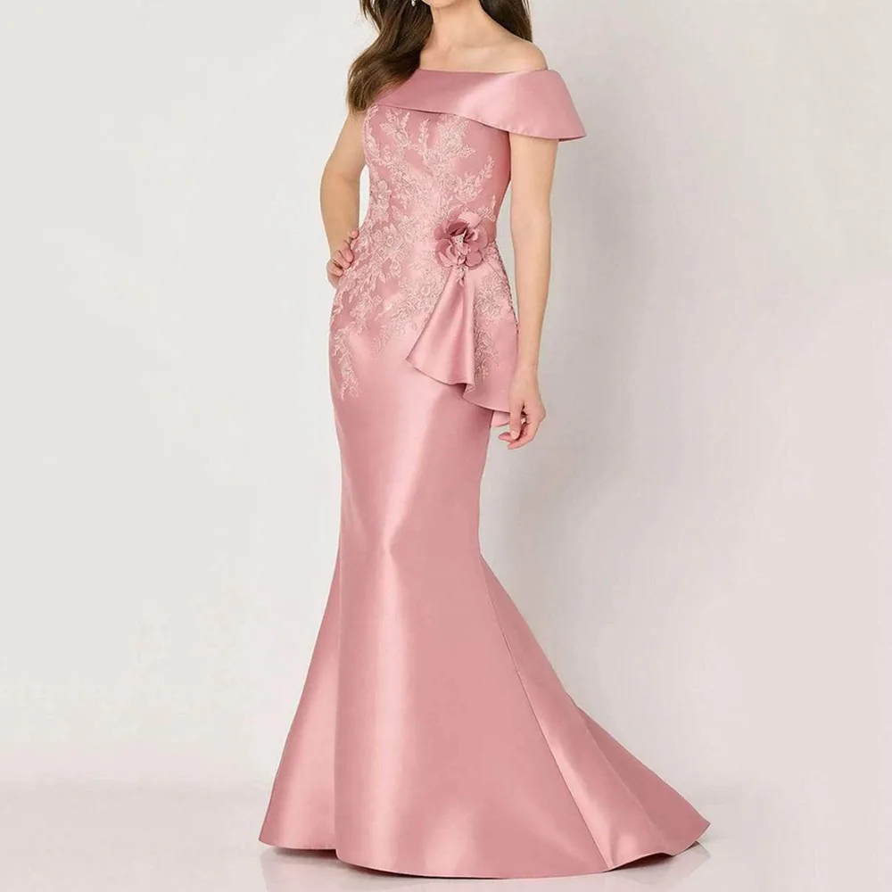Elegant Pink Long Mother Of The Bride Dresses Off Shoulder Satin Mermaid Wedding Guest Dress Lace Appliques Chic Groom Mom Formal Wear