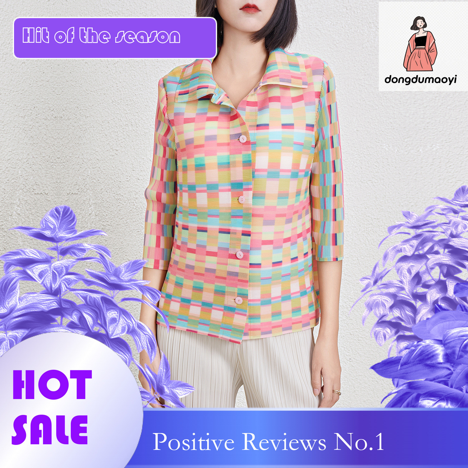 dongdumaoyi New color blocked geometric printed shirt women, niche design, pleated single breasted knitted top for women