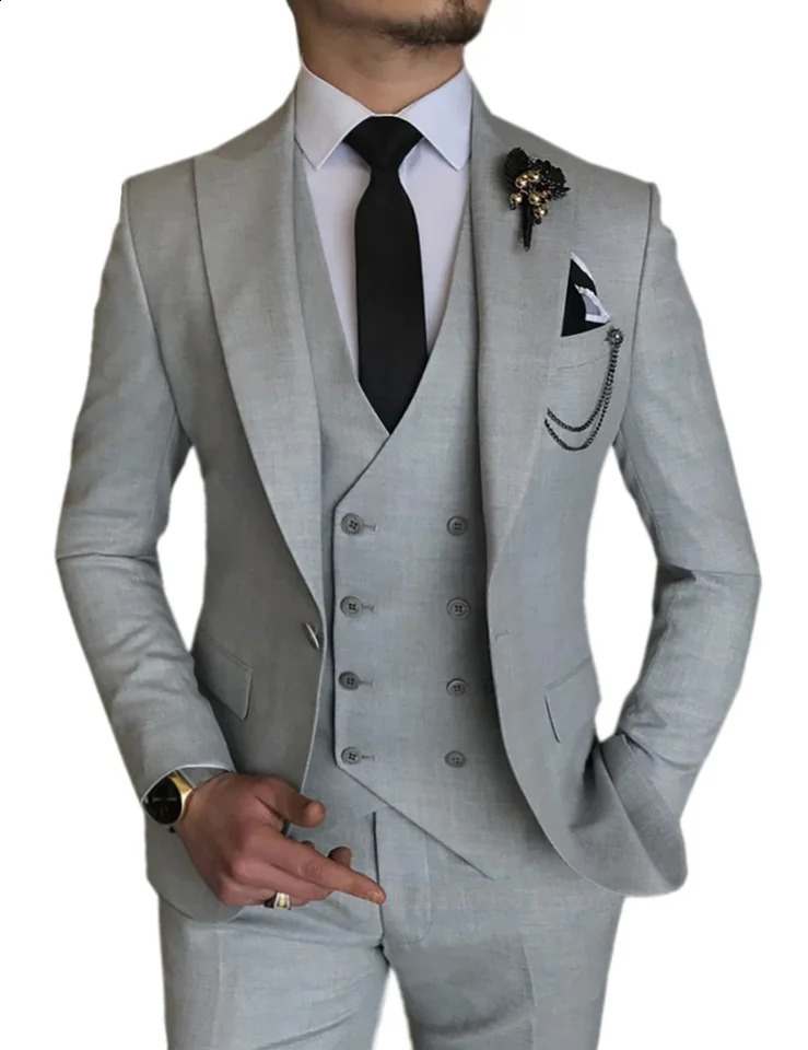 3 Pieces Light Gray Suits Men Suits Wedding Wear Business Male Groom Wedding Dress Jacket Vest Pants Set Blazers Coat 250513