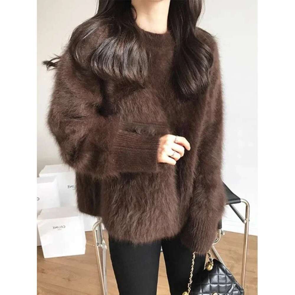 Autumn Winter Mink Fleece Sweater Women's Knitted Pullovers Thick Loose Casual Outerwear Solid O Neck Oversize Jumpers Women