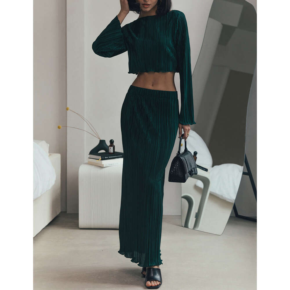 Women's Wear Women's Pleated For Spring/Summer With Flared Sleeves And Short Top+Mid Length Skirt Set