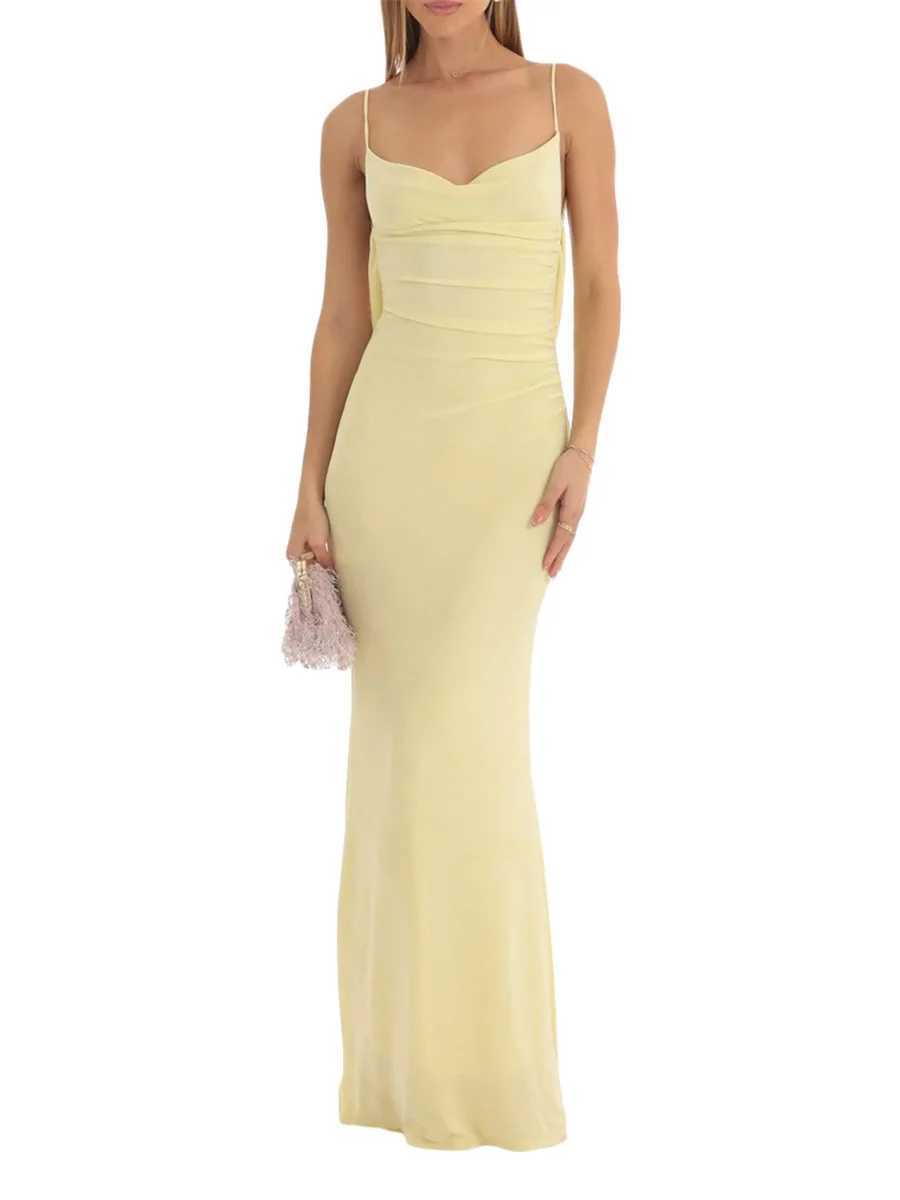 Womens Solid Color Long Bodycon Sling Dress Cowl Neck Sleeveless Summer Party Club Backless Cocktail DressXJ250514