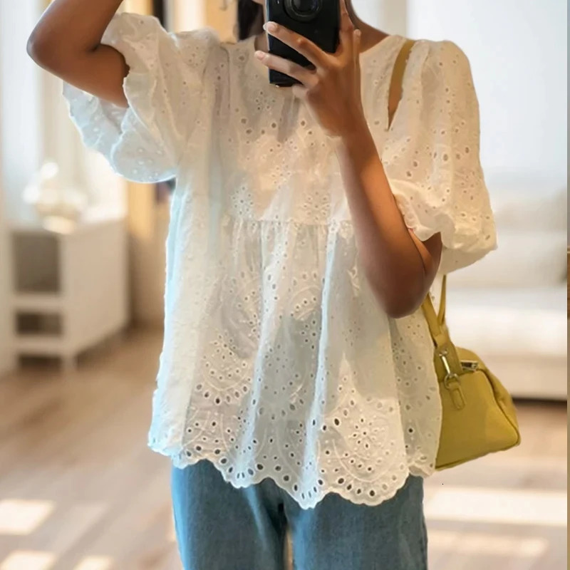 Summer French Style y Hollow Out Shirt White Lace Blouse for Women Short Puff Sleeve Tops Round Collar Clothes 930 250514